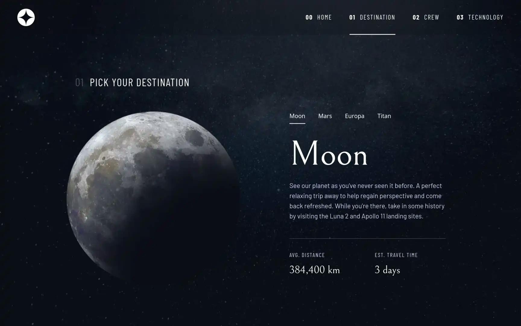 screenshot of space website destination page