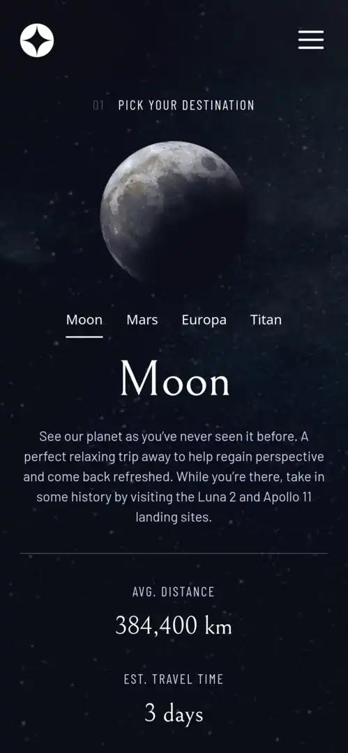screenshot of space website destination page mobile version