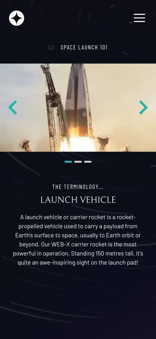 screenshot of space website technology page mobile version